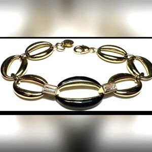 Vintage Jewelry Bracelet Gold Tone Signed ANNE KLEIN Chunky Chain Black Enamel